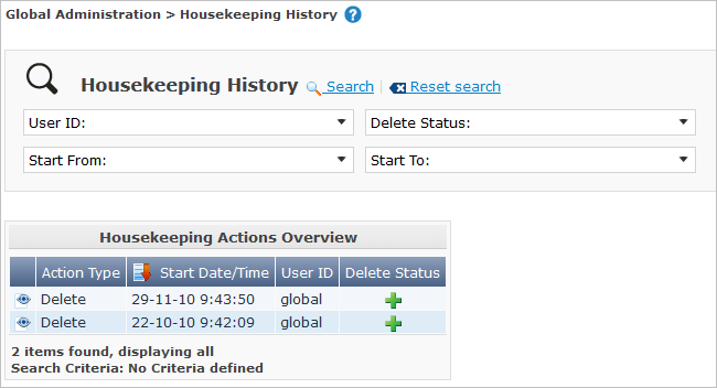 GlobAdm HousekeepingHistory Screen