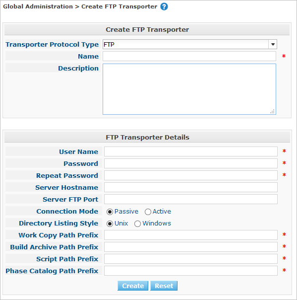 GlobAdm Transporters FTP Create