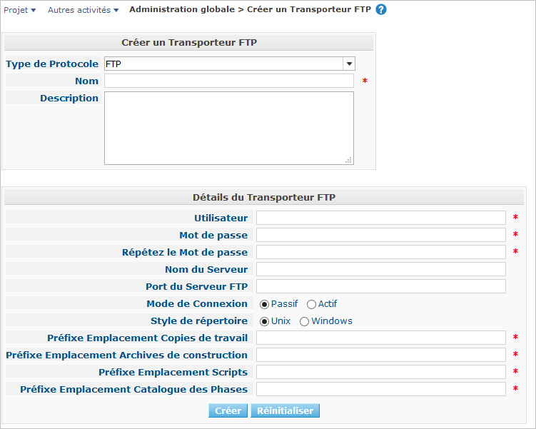 GlobAdm Transporters FTP Create